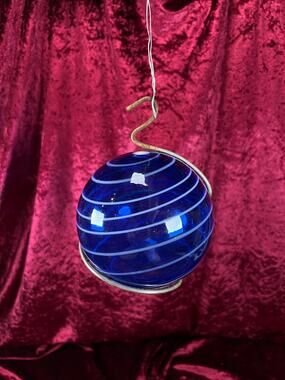 Vintage Blown Glass Fishing Float - Cobalt Blue White Swirl Metal Holder